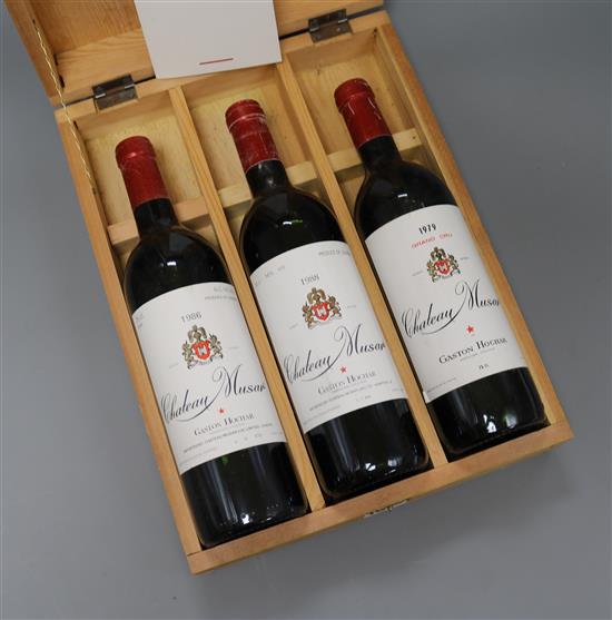 Three bottles of Chateau Musar, 1979, 1986 and 1988, in presentation box